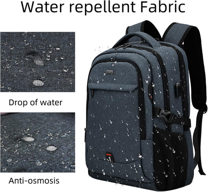 Waterproof travel laptop backpack with USB port and organised storage