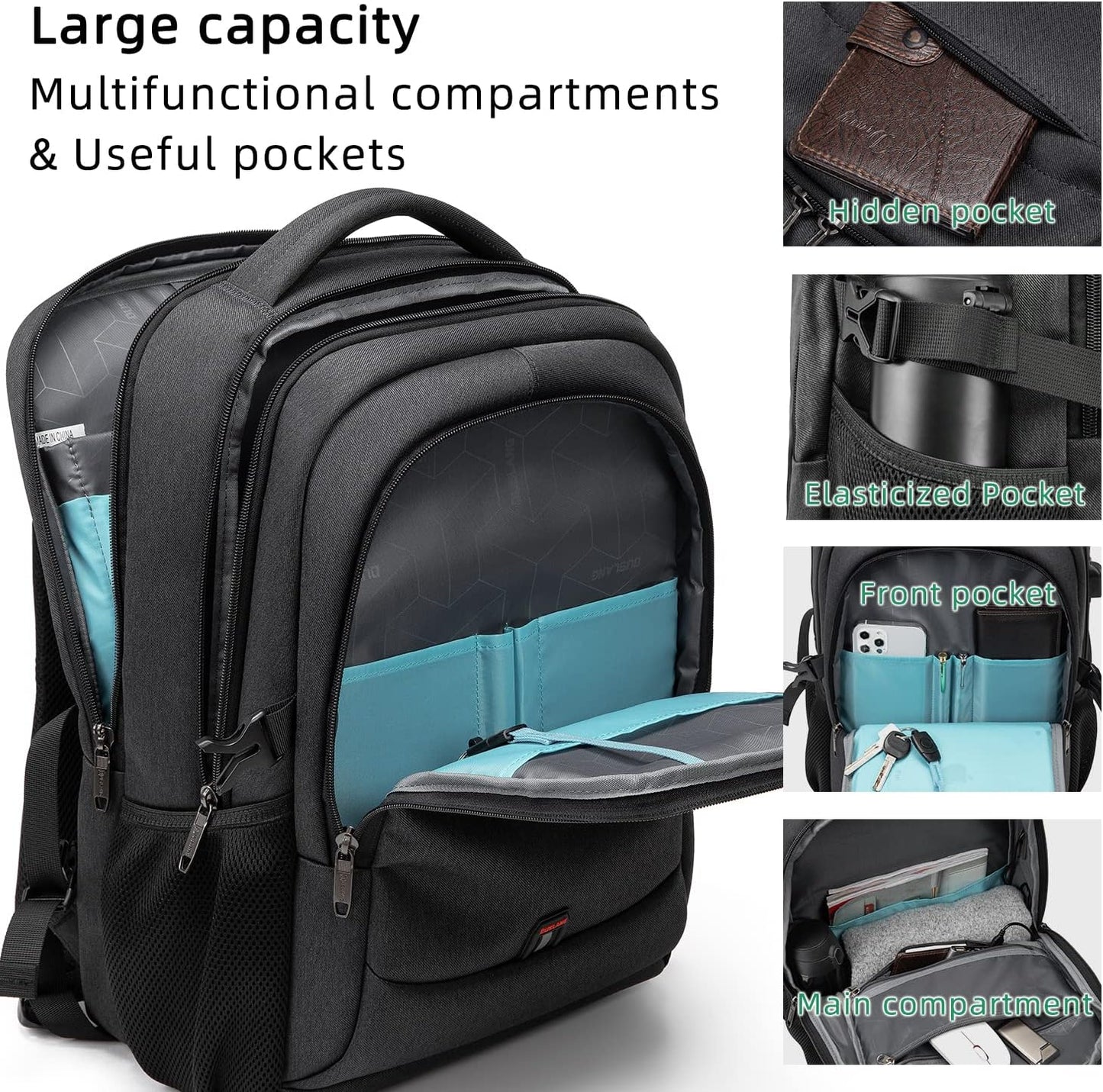 Waterproof travel laptop backpack with USB port and organised storage
