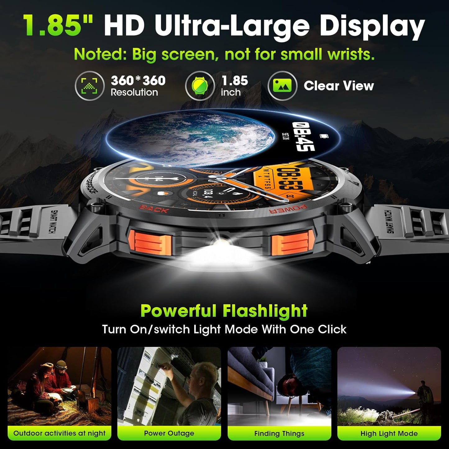 Men's military smartwatch with a 1.85-inch HD display and torch.