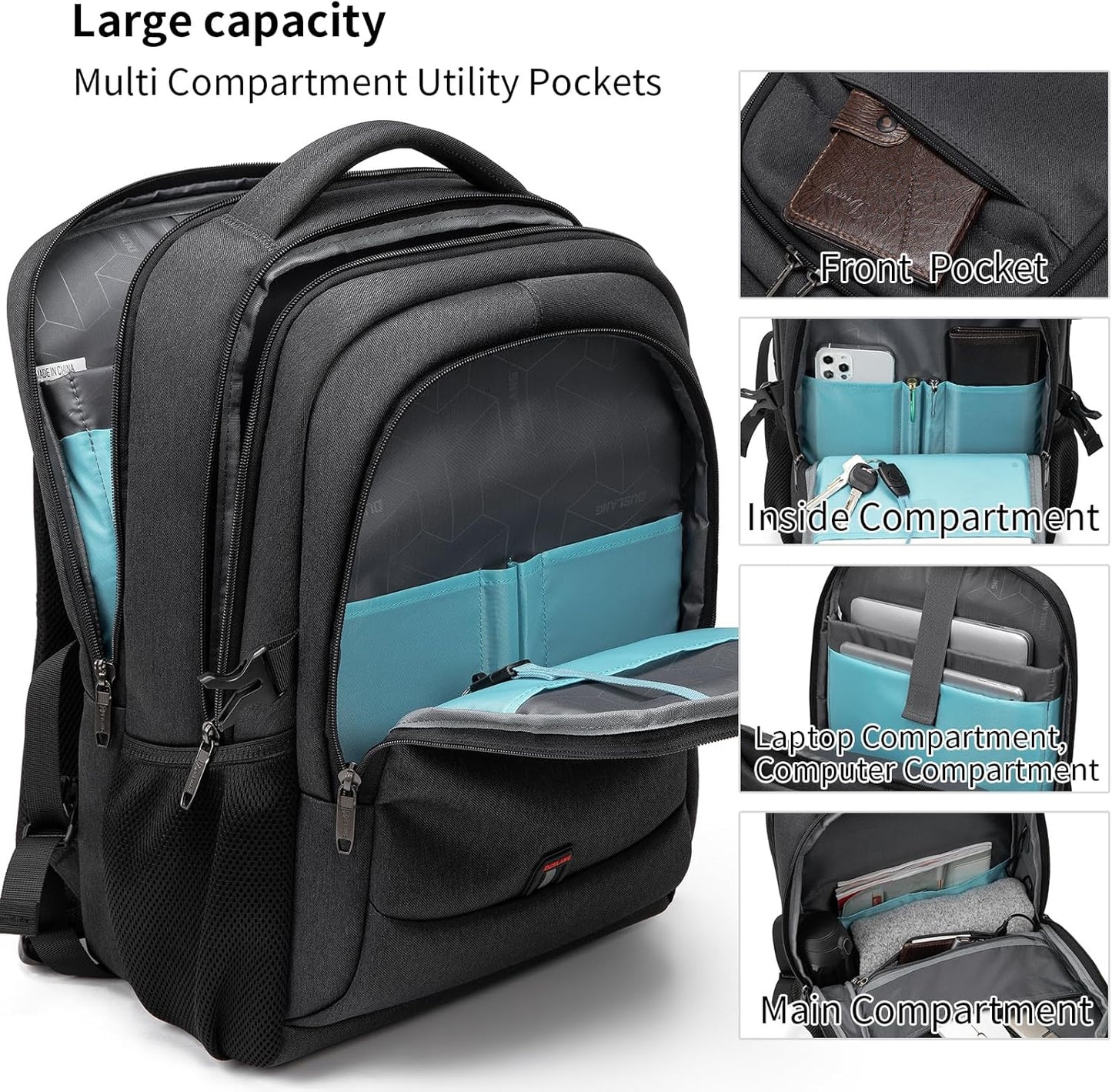 Waterproof travel laptop backpack with USB port and organised storage