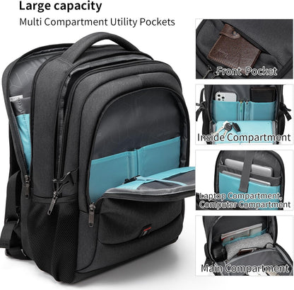 Waterproof travel laptop backpack with USB port and organised storage