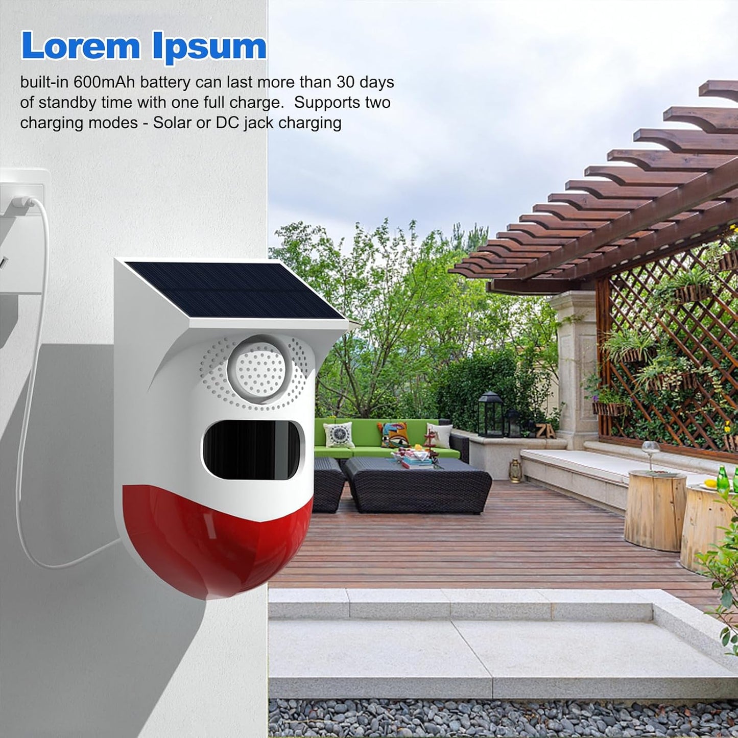 Solar motion sensor alarm with 120 dB siren and LED strobe – Feronix