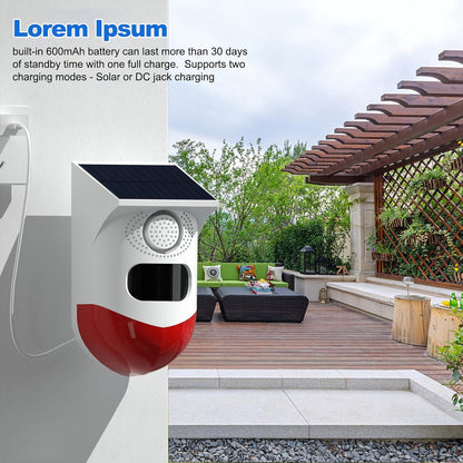 Solar motion sensor alarm with 120 dB siren and LED strobe – Feronix