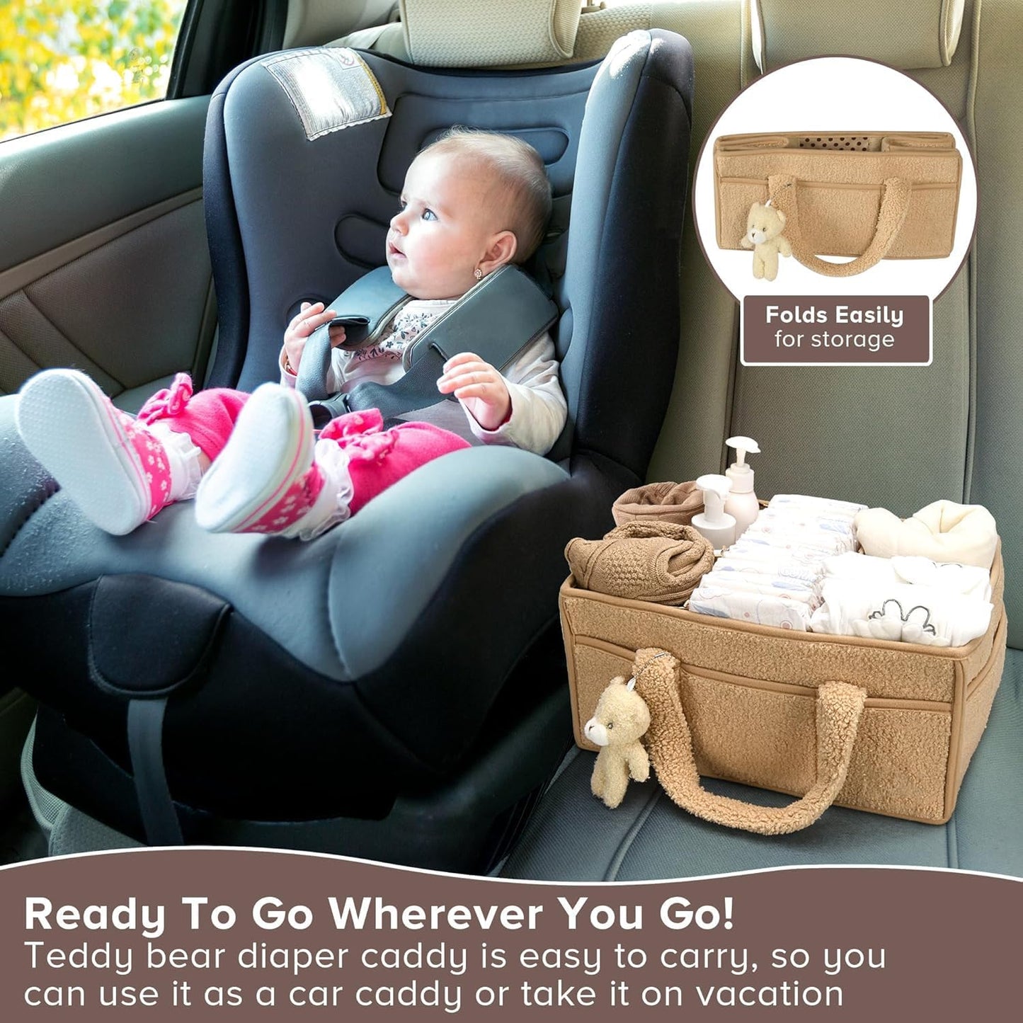 Baby Nappy Caddy Organiser – Plush Sherpa Storage Basket with Compartments – Elvoria