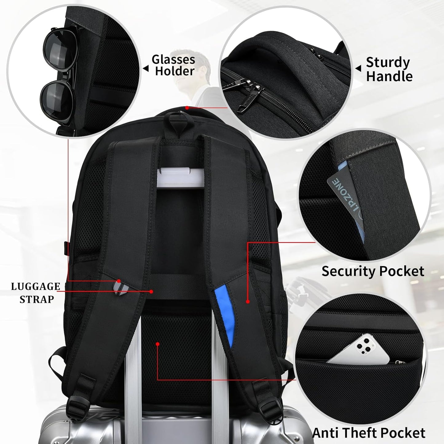 Waterproof travel laptop backpack with USB port and organised storage