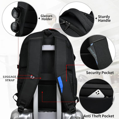 Waterproof travel laptop backpack with USB port and organised storage
