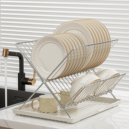 Foldable dish drainer – 2-tier kitchen drying rack with removable tray – Kelvra