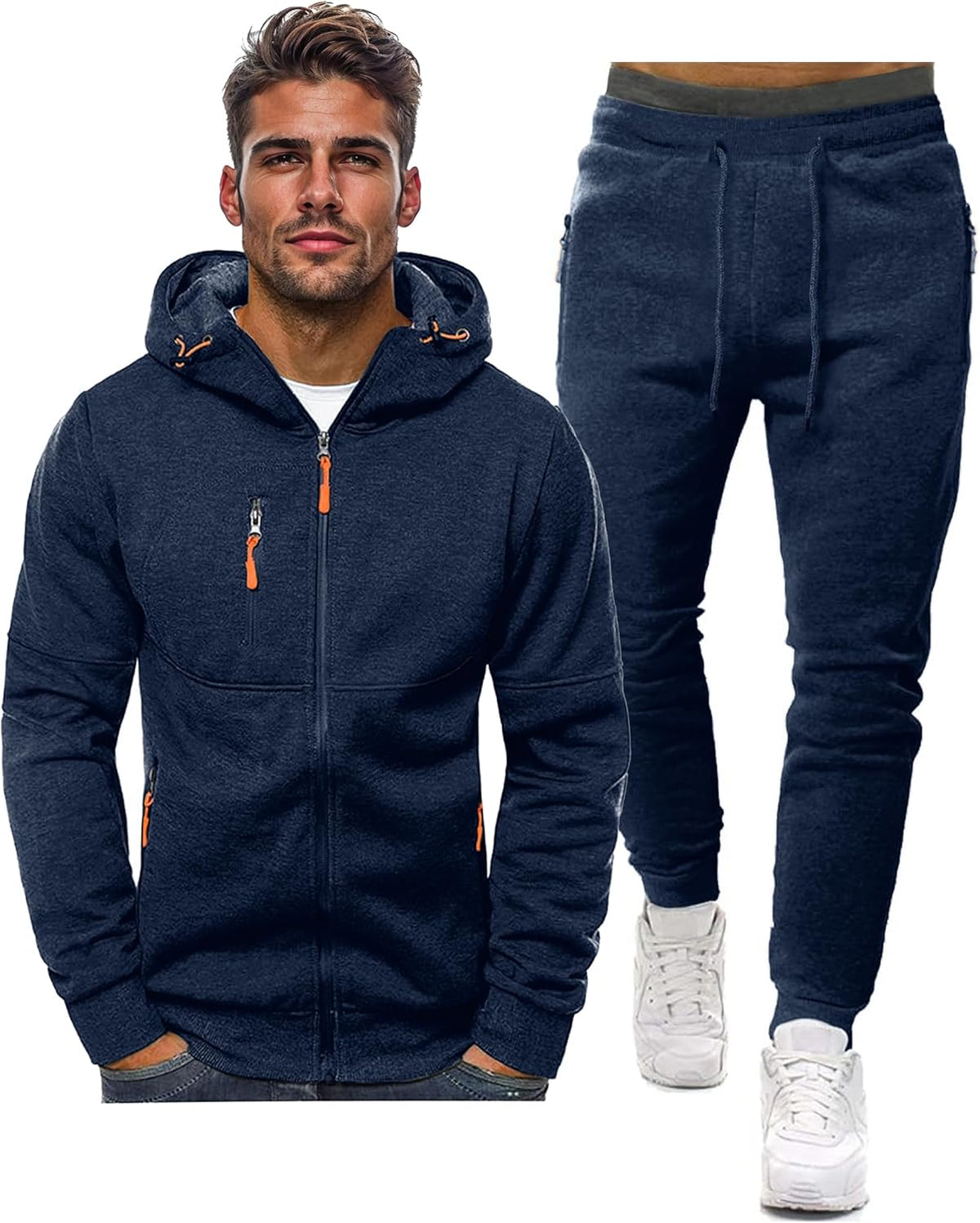 Navy hooded zip jacket with orange zip pulls beside matching drawstring joggers, shown as a set 2