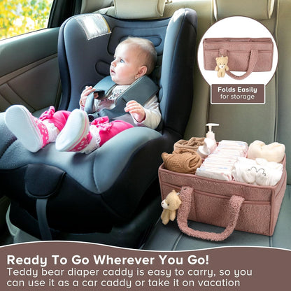 Baby Nappy Caddy Organiser – Plush Sherpa Storage Basket with Compartments – Elvoria