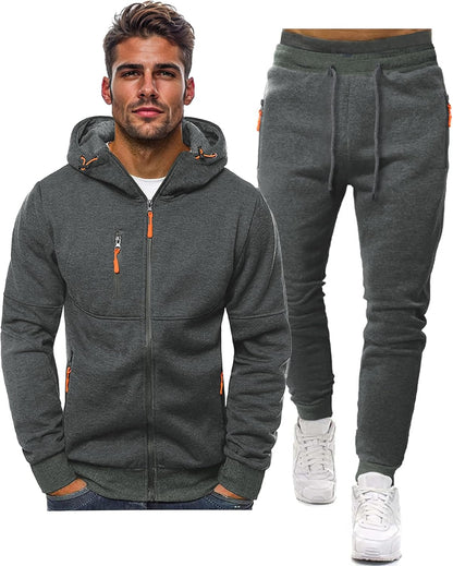 Dark grey zip-up hooded jacket with orange zip pulls beside matching drawstring joggers 7