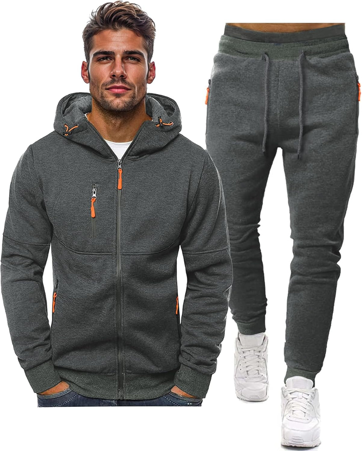 Dark grey hooded zip jacket beside matching drawstring joggers, with orange zip pulls, on a white background 8