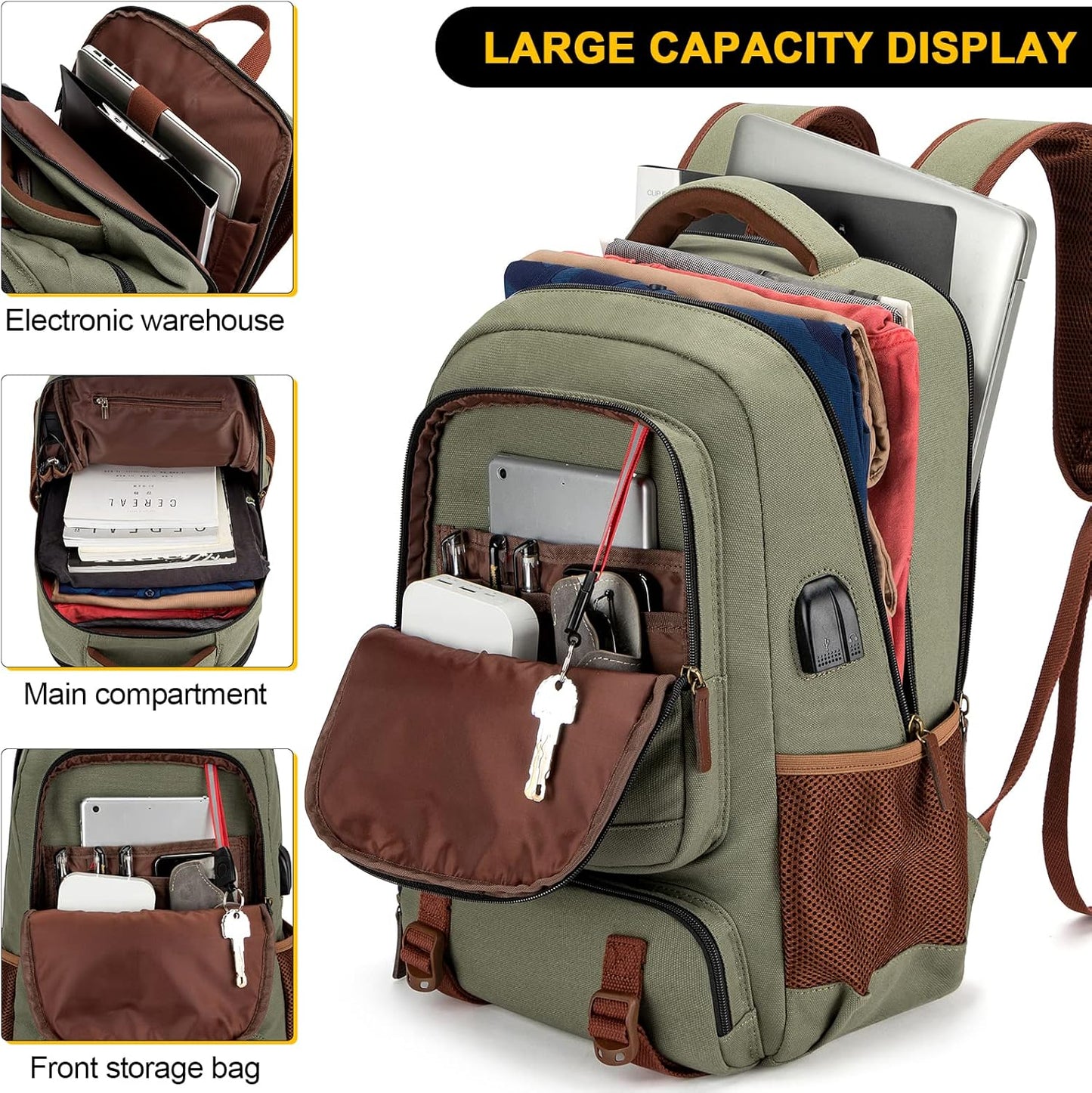 Anti-theft canvas laptop and travel rucksack with USB port – suitable for laptops up to 43.94 cm
