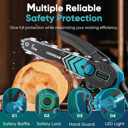 Cordless 6-inch Mini Chainsaw with LED Light and 21 V Battery – TimberCut