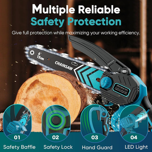 Cordless 6-inch Mini Chainsaw with LED Light and 21 V Battery – TimberCut