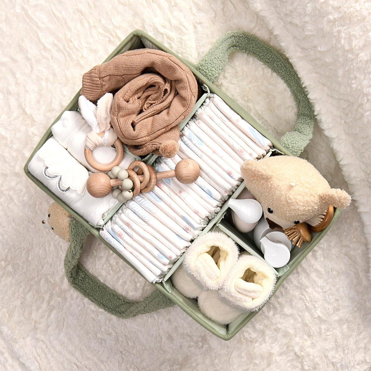 Baby Nappy Caddy Organiser – Plush Sherpa Storage Basket with Compartments – Elvoria