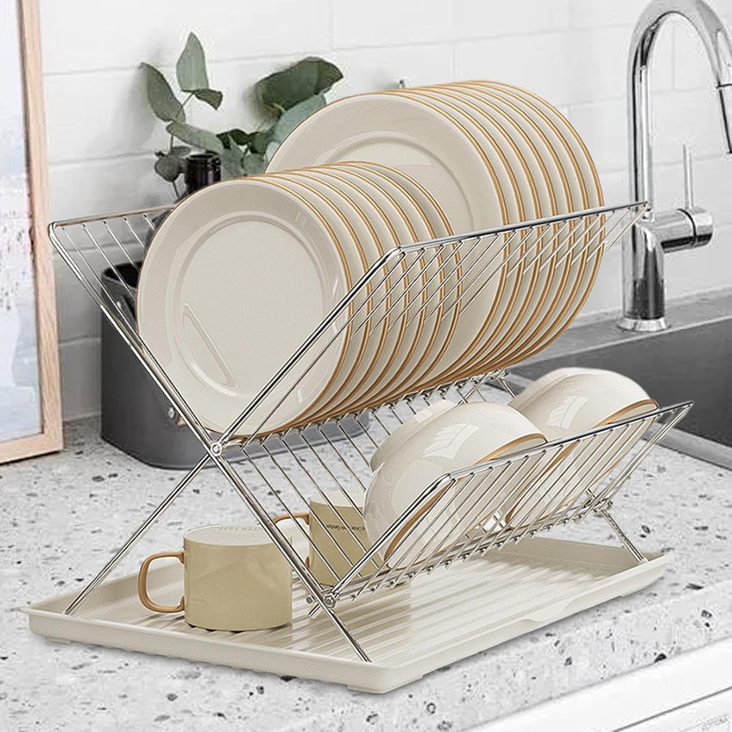 Foldable dish drainer – 2-tier kitchen drying rack with removable tray – Kelvra