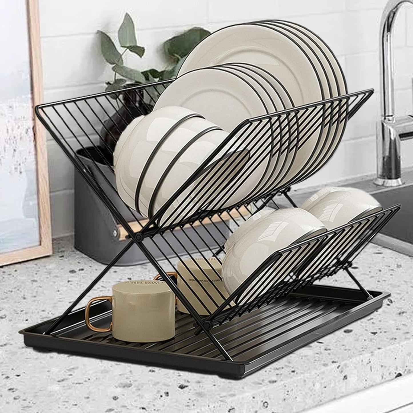 Foldable dish drainer – 2-tier kitchen drying rack with removable tray – Kelvra