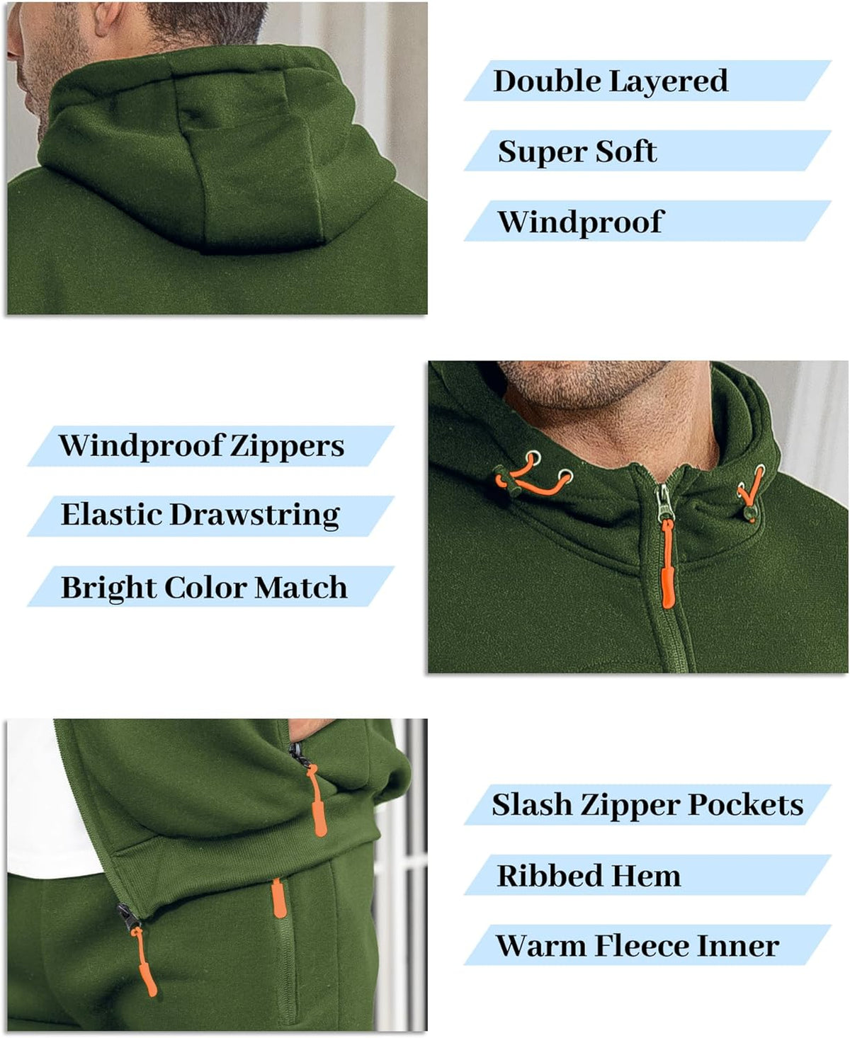 Green tracksuit feature collage showing double-layered hood, orange drawcords, zip pulls and slanted zip pockets 16