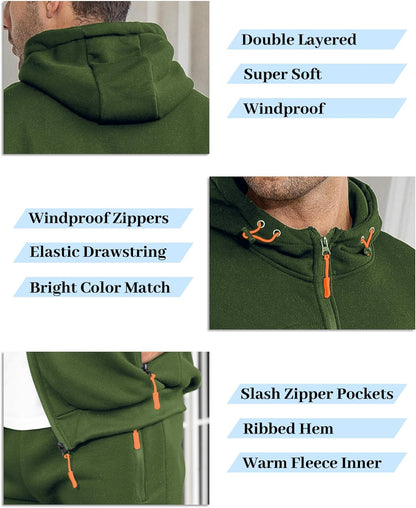Green tracksuit feature collage showing double-layered hood, orange drawcords, zip pulls and slanted zip pockets 16