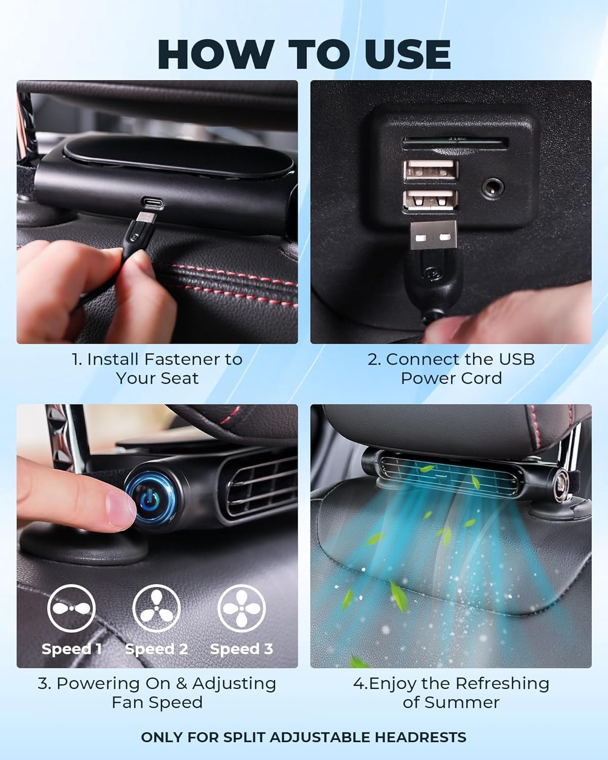 3-Speed USB Car Cooling Fan & Headrest Mount – AutoBreeze (1+1 FREE)