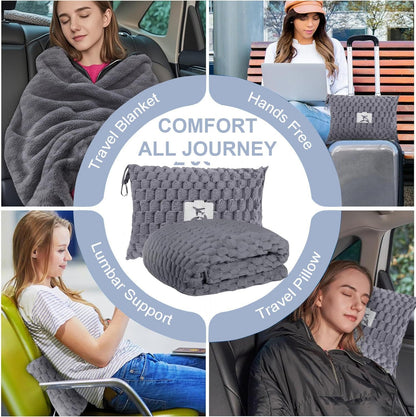 Packable Flannel Travel Blanket with Pillow Pocket and Suitcase Handle Slot – Trevora