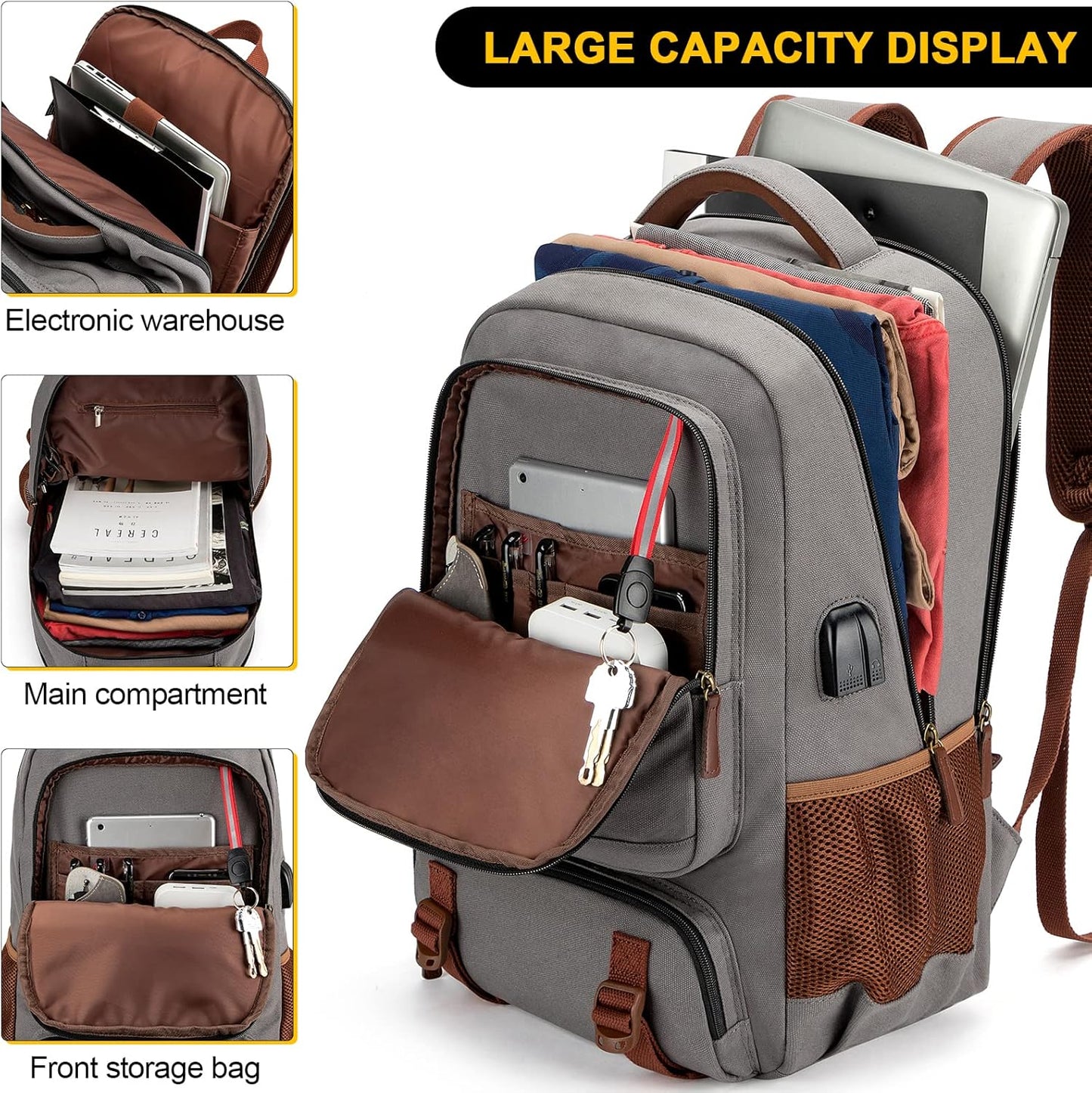 Anti-theft canvas laptop and travel rucksack with USB port – suitable for laptops up to 43.94 cm