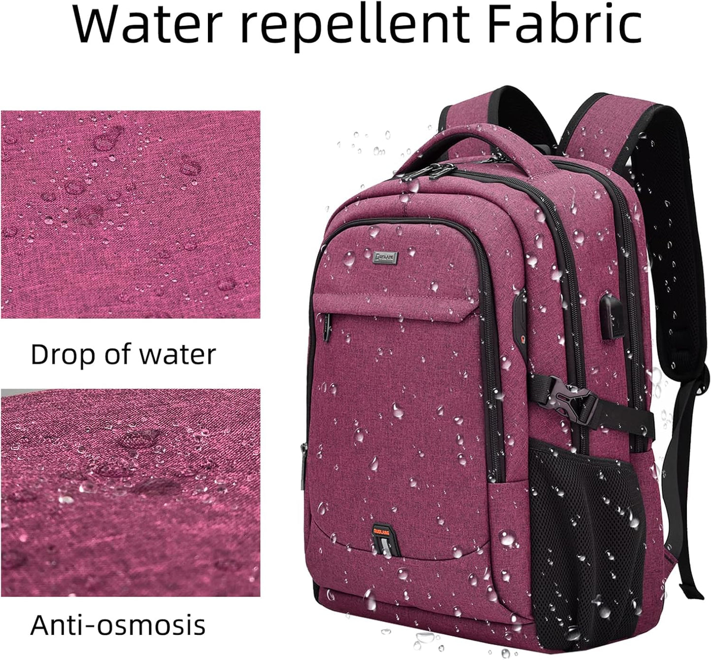 Waterproof travel laptop backpack with USB port and organised storage