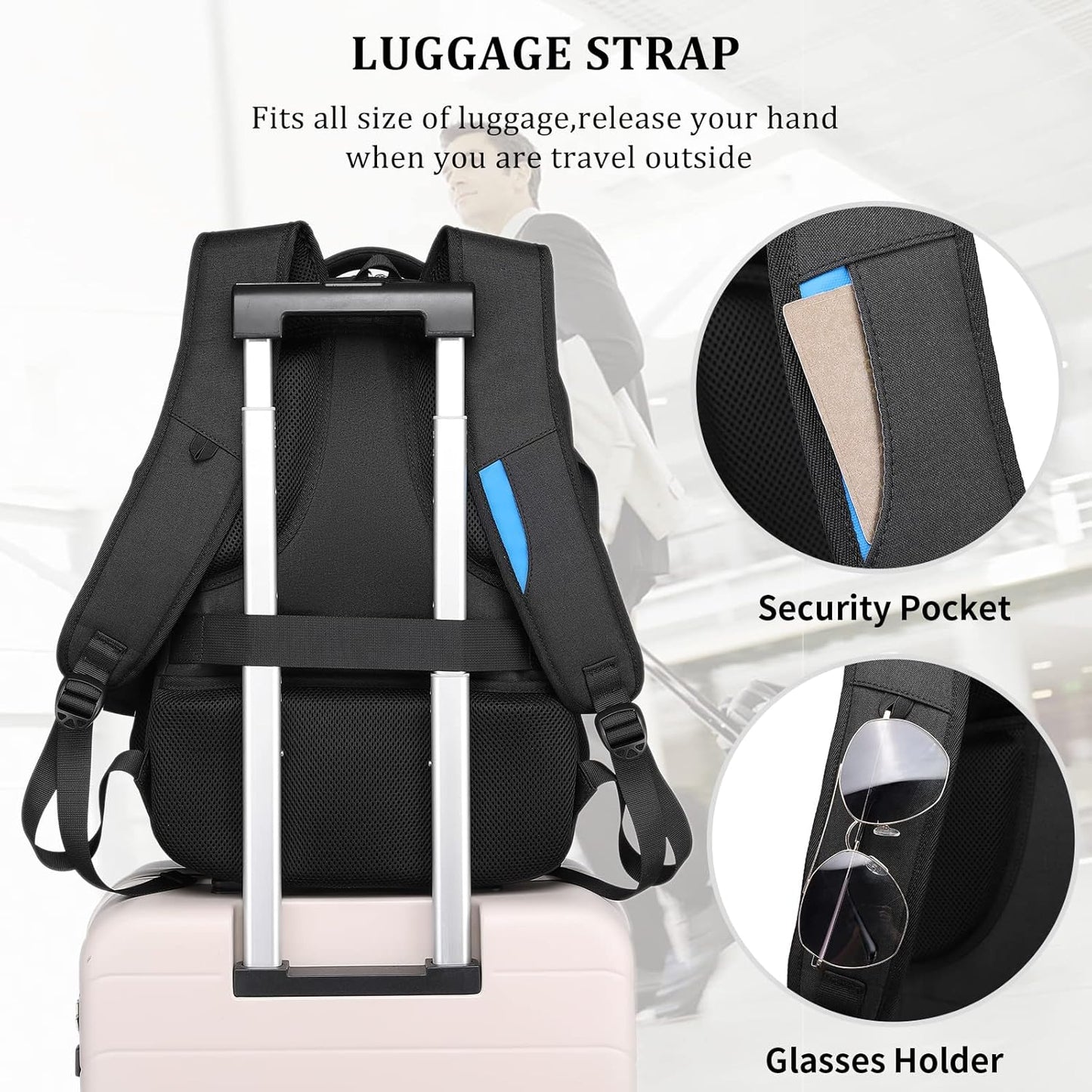Waterproof travel laptop backpack with USB port and organised storage