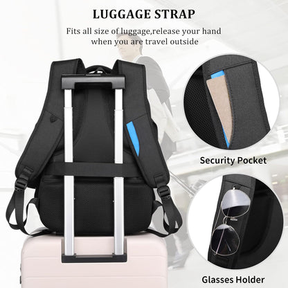Waterproof travel laptop backpack with USB port and organised storage