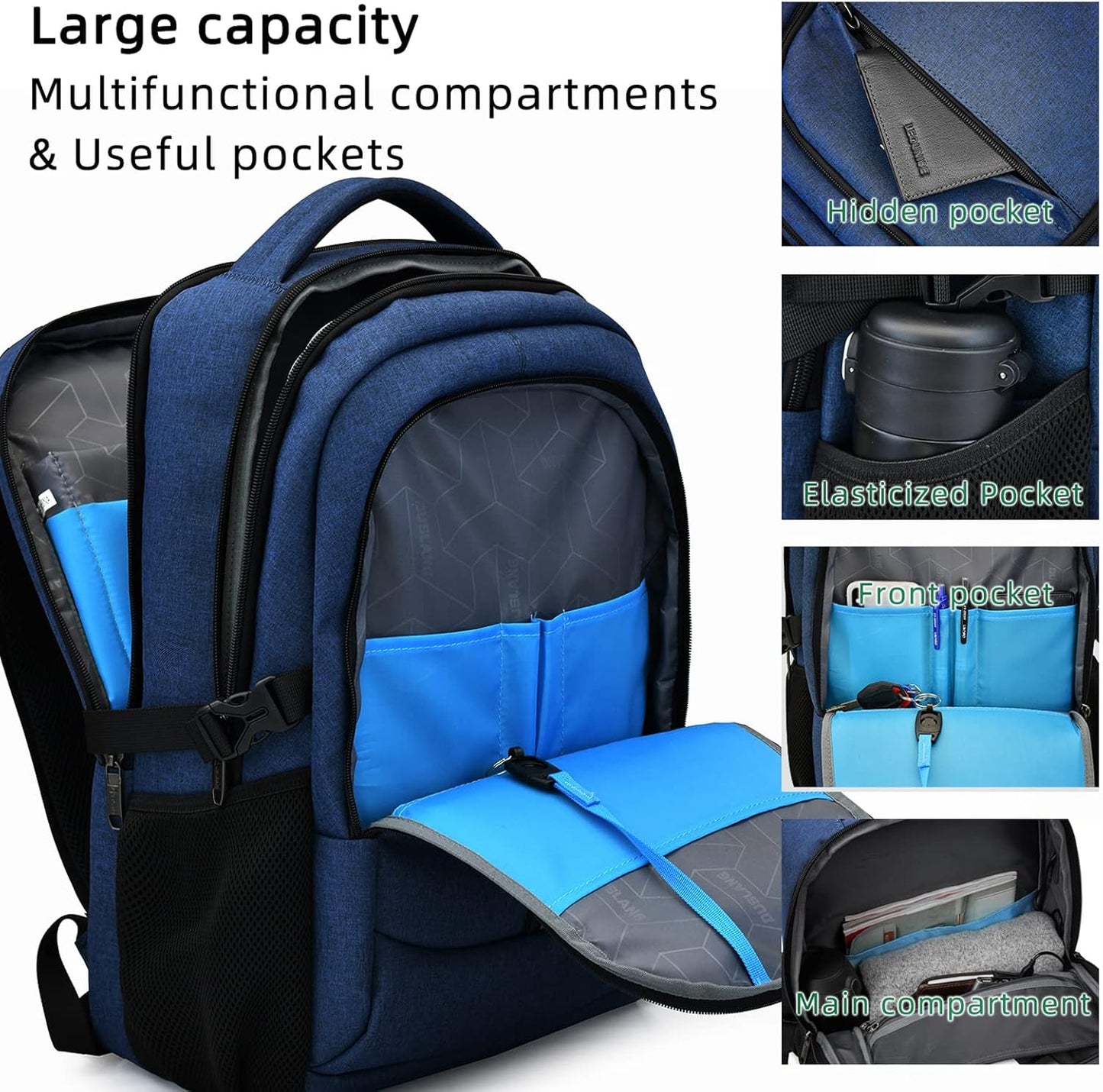 Waterproof travel laptop backpack with USB port and organised storage