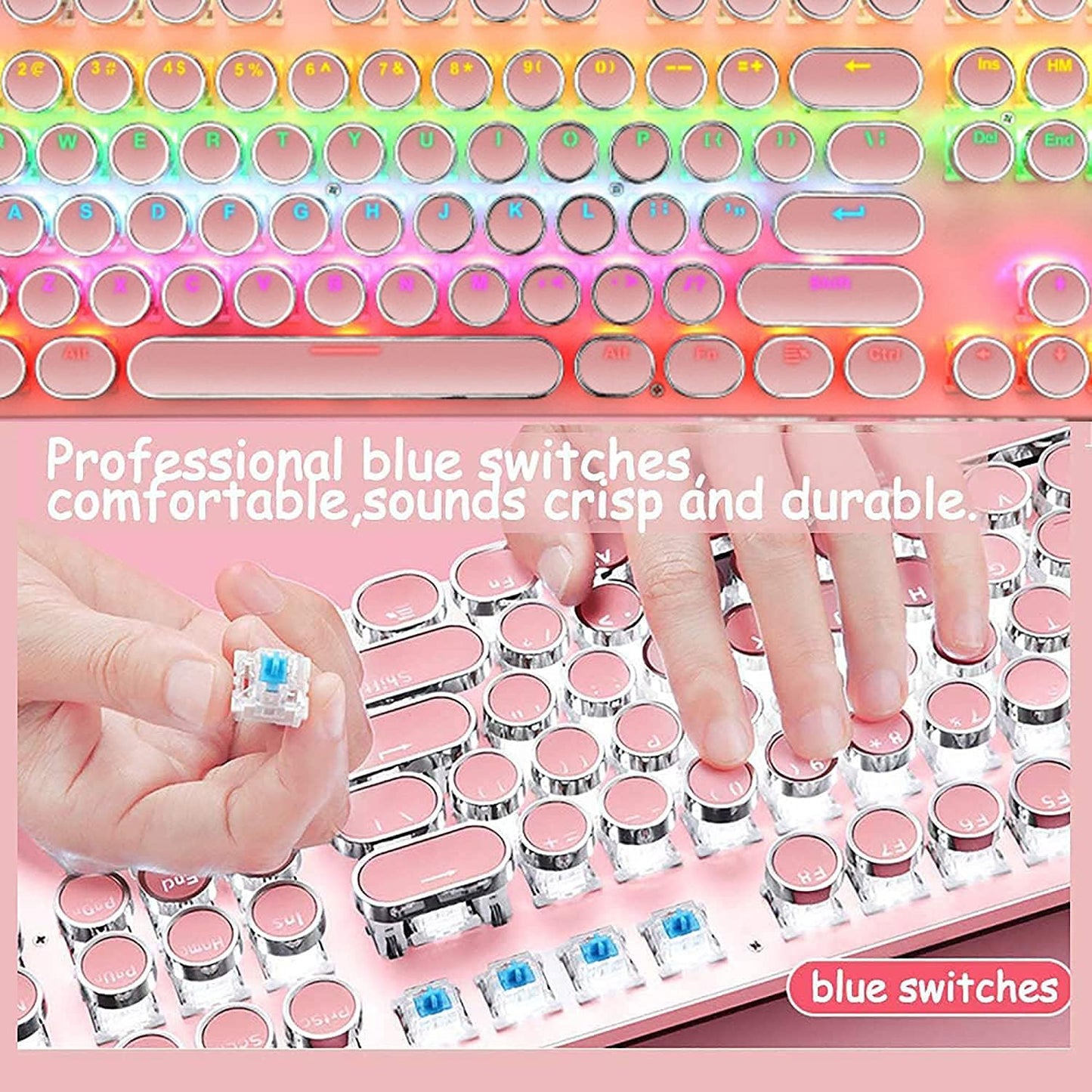 87-key mechanical gaming keyboard with RGB backlighting, blue switches