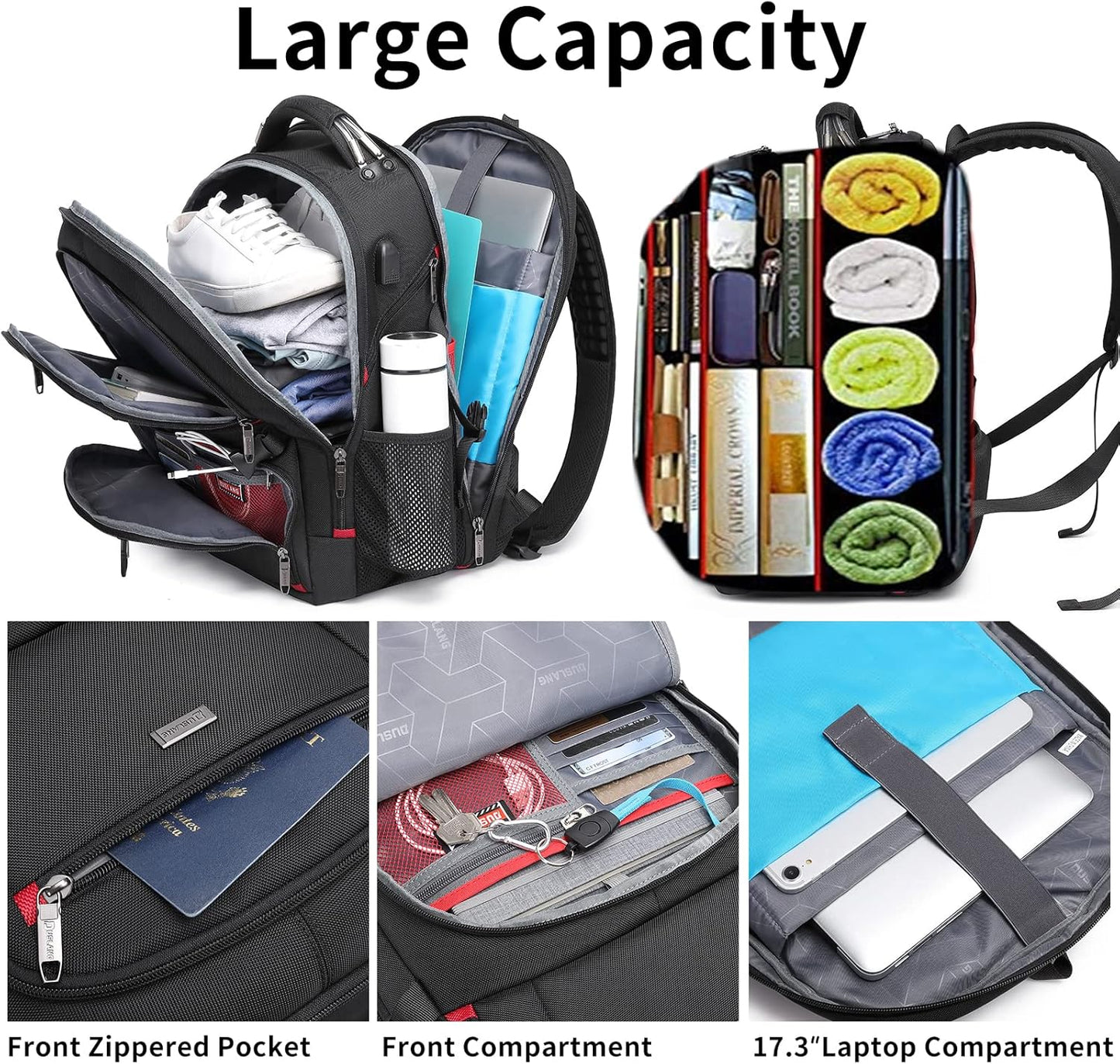 50L waterproof extra-large travel laptop backpack with USB port