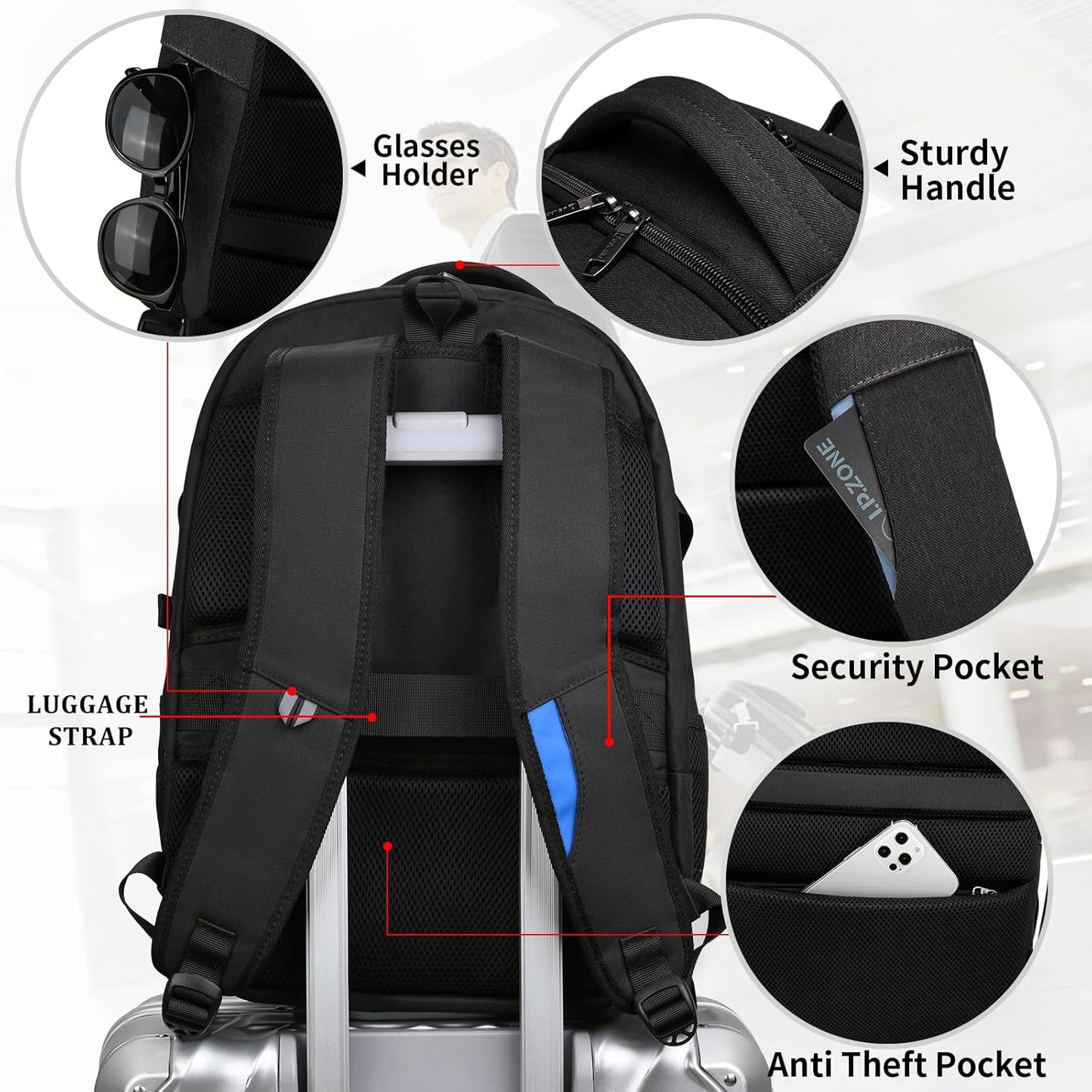 Waterproof travel laptop backpack with USB port and organised storage