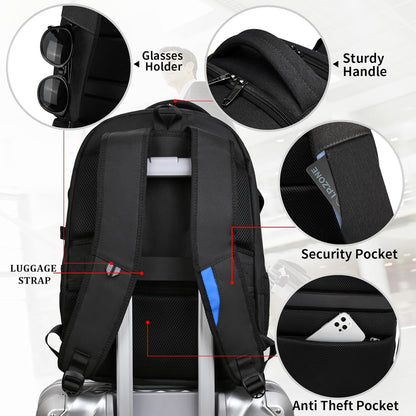 Waterproof travel laptop backpack with USB port and organised storage