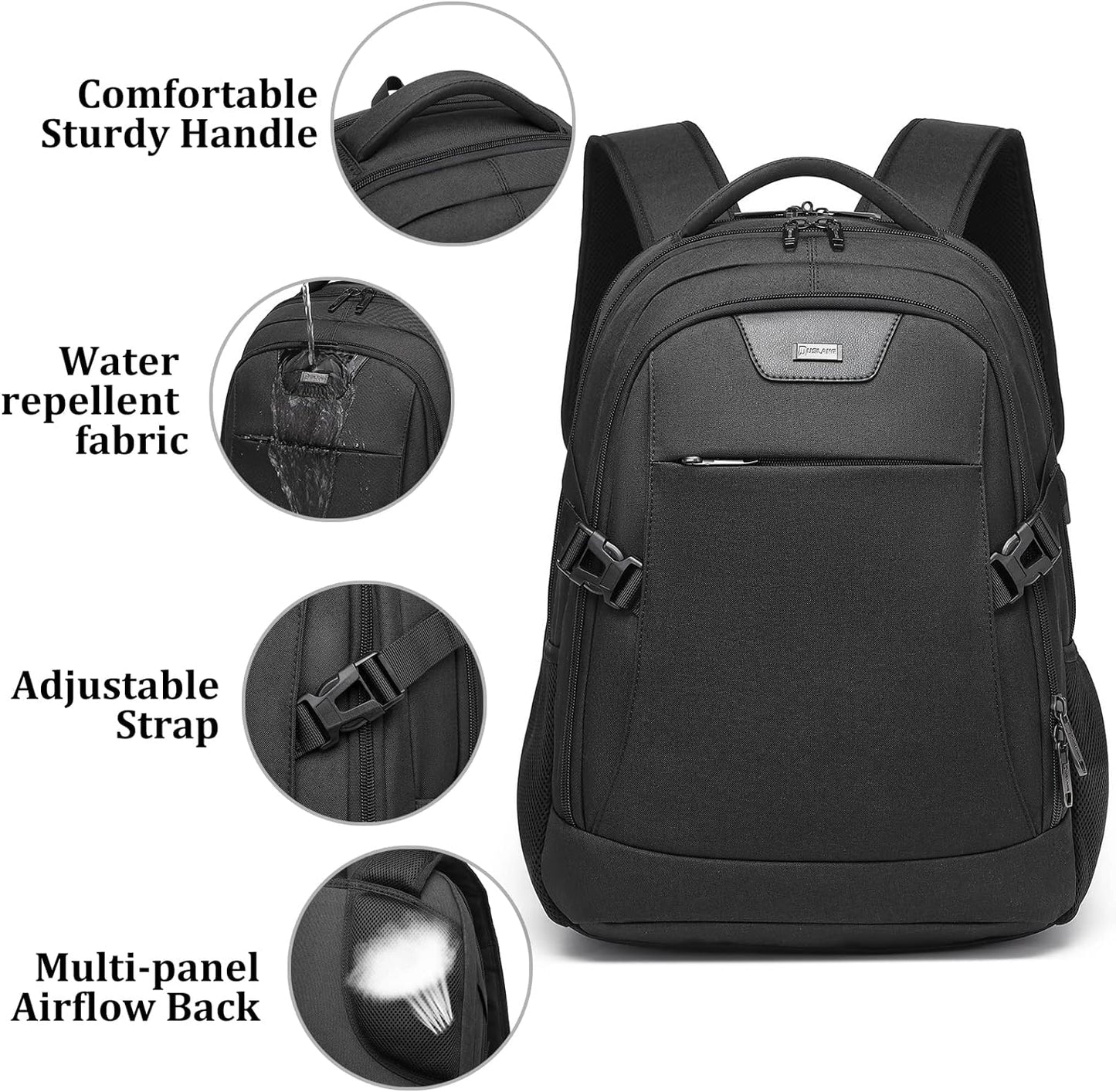 Waterproof travel laptop backpack with USB port and organised storage