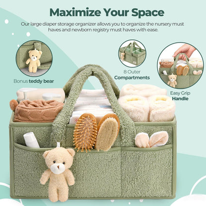 Baby Nappy Caddy Organiser – Plush Sherpa Storage Basket with Compartments – Elvoria