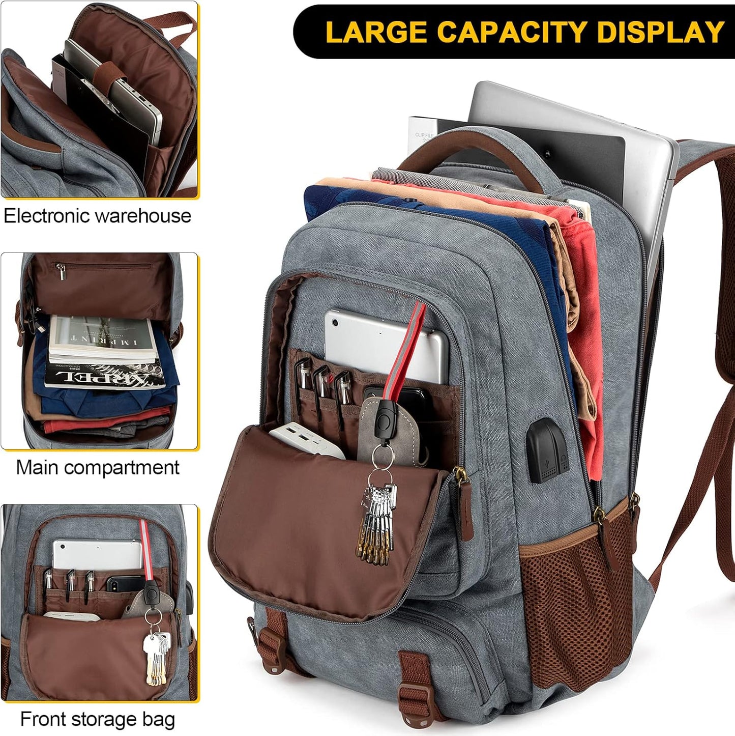 Anti-theft canvas laptop and travel rucksack with USB port – suitable for laptops up to 43.94 cm