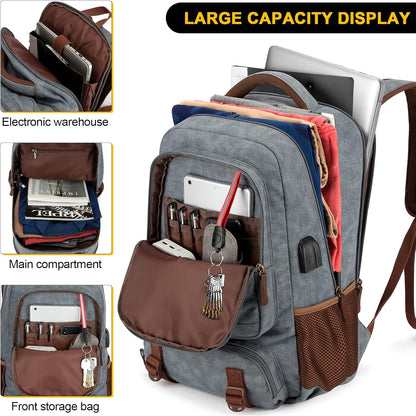 Anti-theft canvas laptop and travel rucksack with USB port – suitable for laptops up to 43.94 cm
