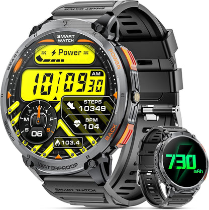 Men's military smartwatch with a 1.85-inch HD display and torch.