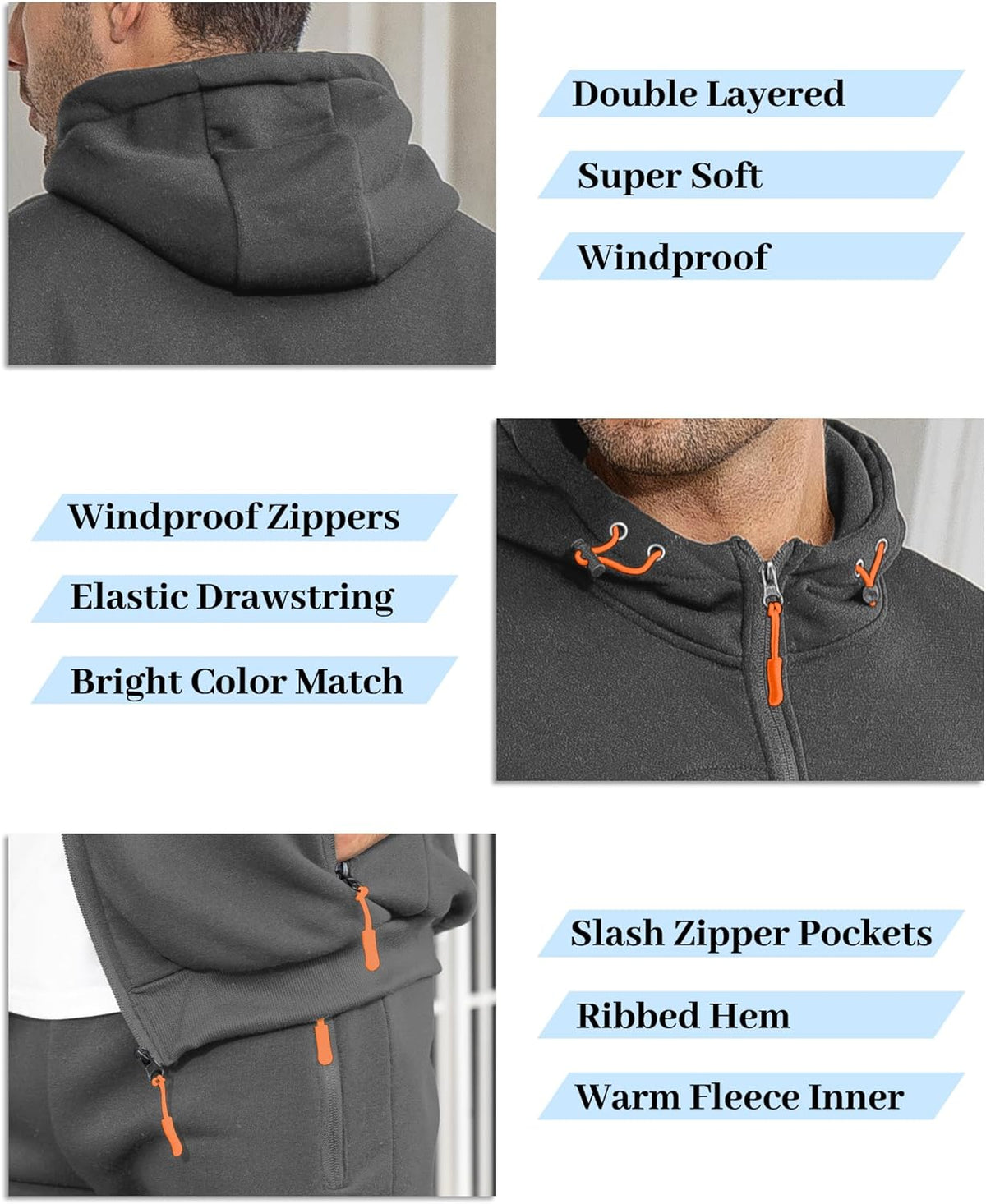Grey tracksuit feature collage showing double-layered hood, orange drawcords, zip pulls and slanted zip pockets 10