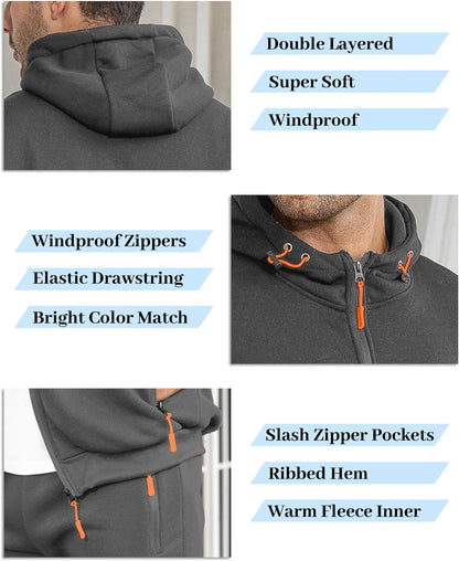 Grey tracksuit feature collage showing double-layered hood, orange drawcords, zip pulls and slanted zip pockets 10