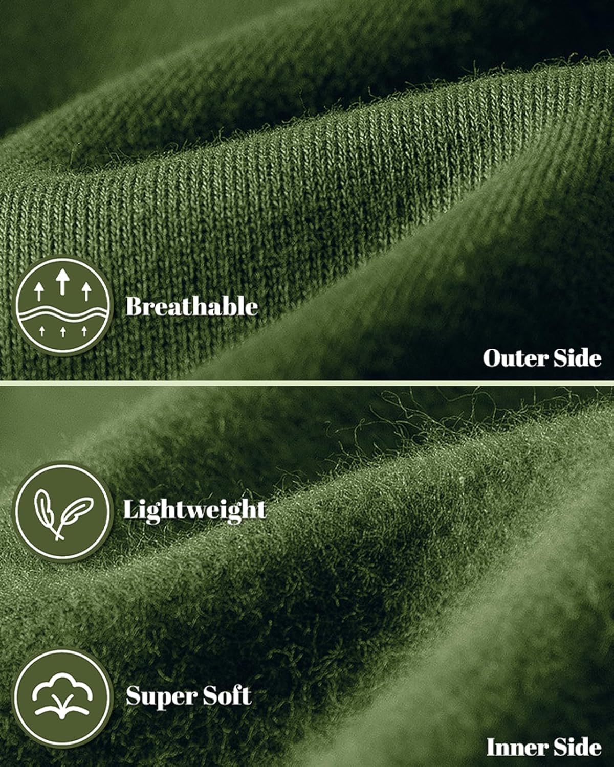 Close-up of the green fabric, smooth knit outer side above the soft fleece inner side 17