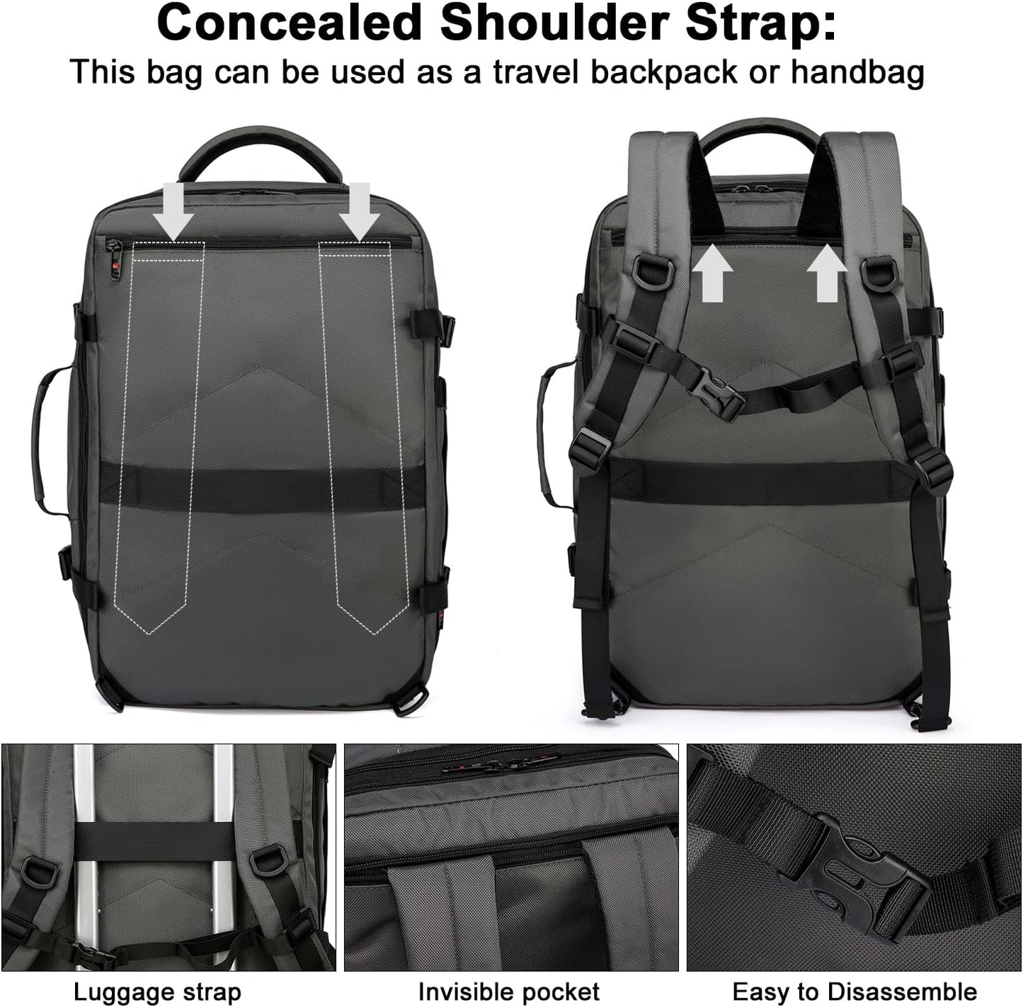 Expandable 45–55 L waterproof travel backpack with 46.5 cm laptop compartment
