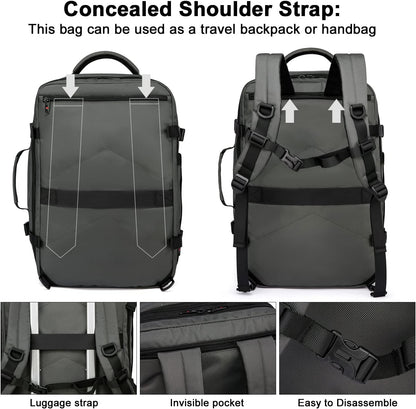 Expandable 45–55 L waterproof travel backpack with 46.5 cm laptop compartment