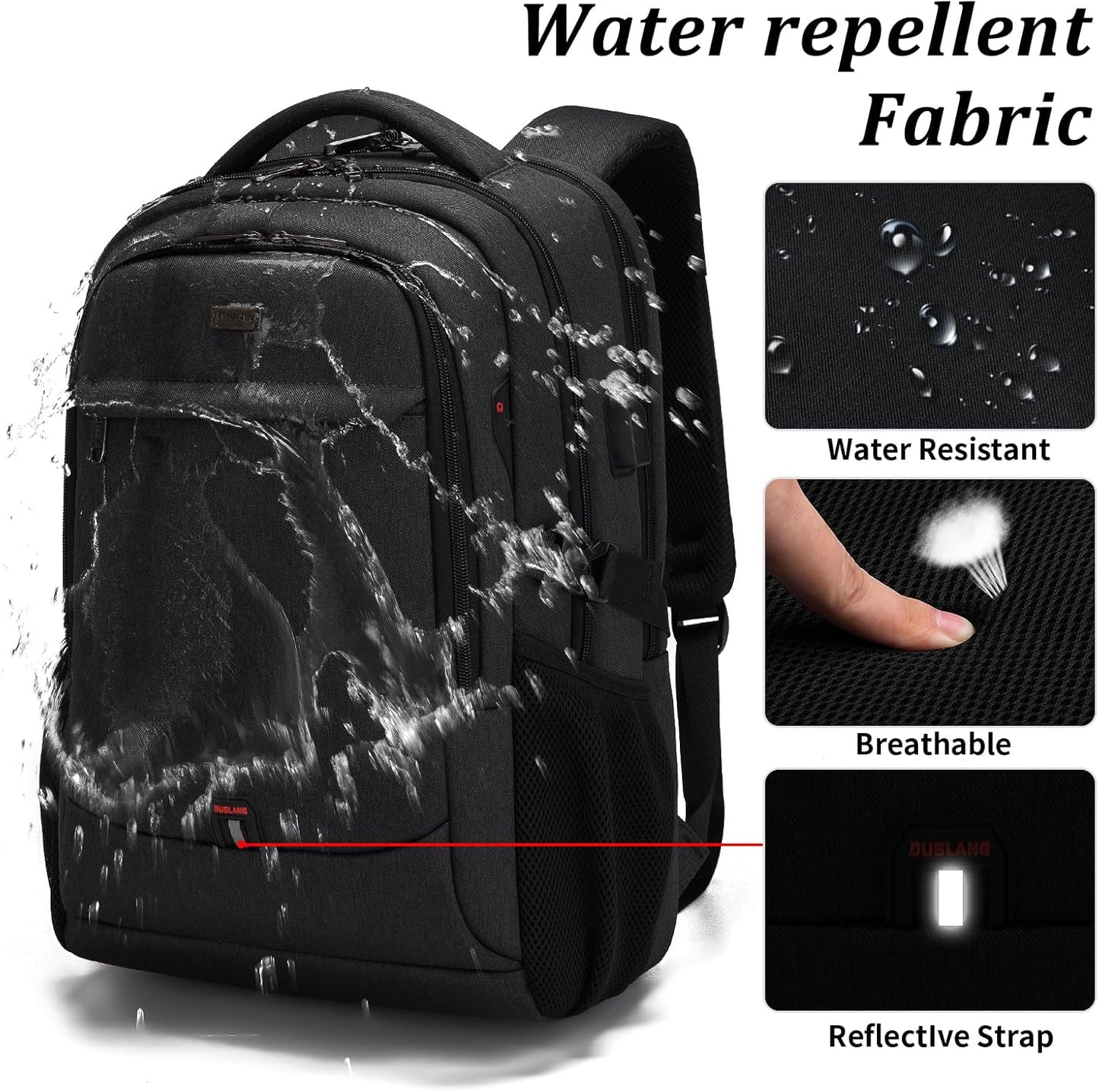 Waterproof travel laptop backpack with USB port and organised storage