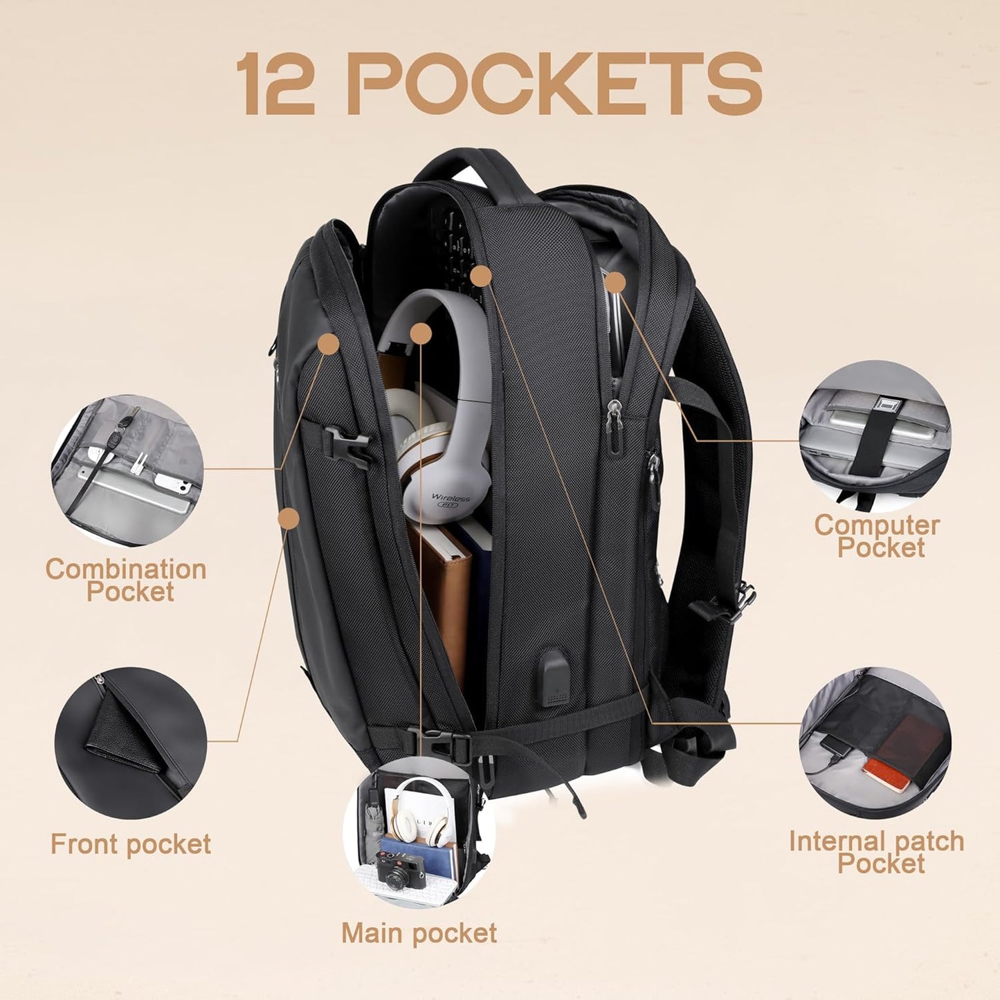 40L expandable waterproof travel backpack with USB port & 17" laptop compartment – AirVoyage