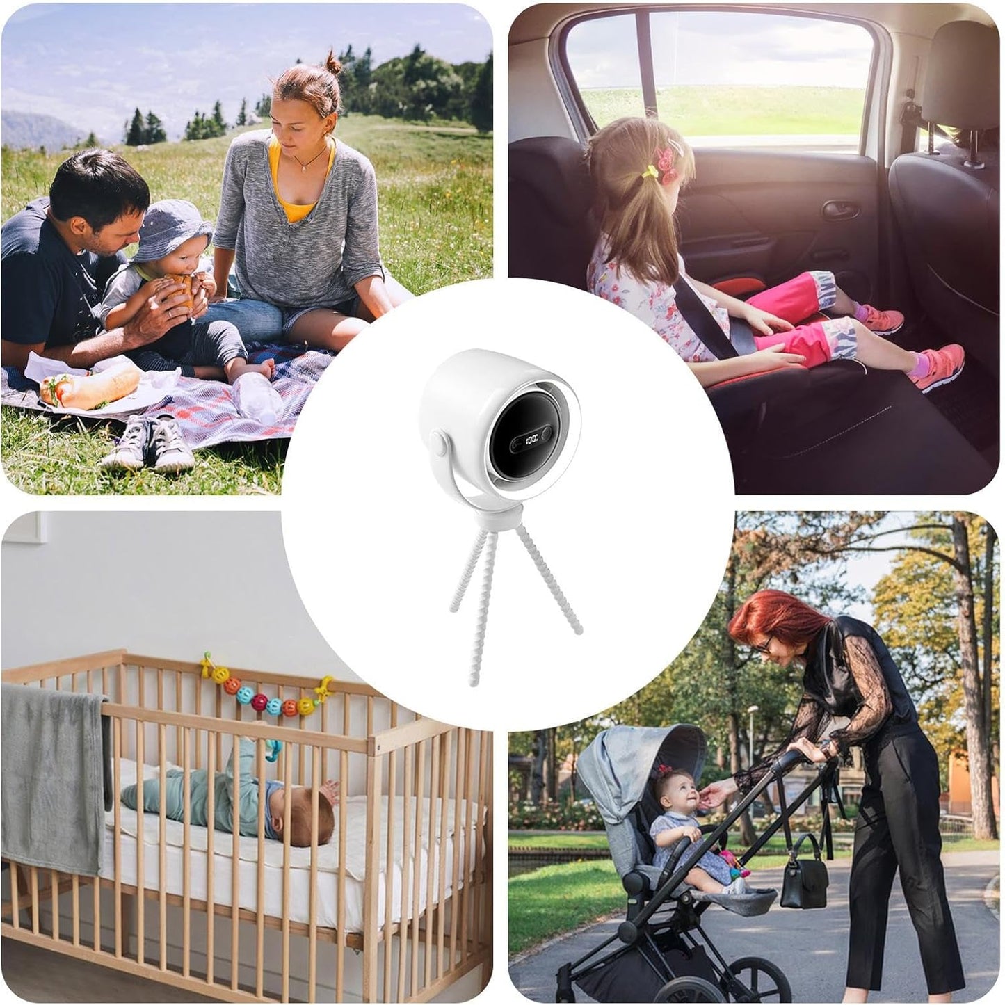 Rechargeable clip-on pram fan with night light — 100 speed settings
