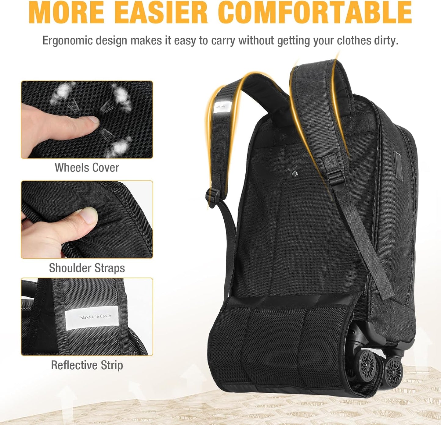 30L rolling backpack for laptops with four spinner wheels and a water-repellent design.