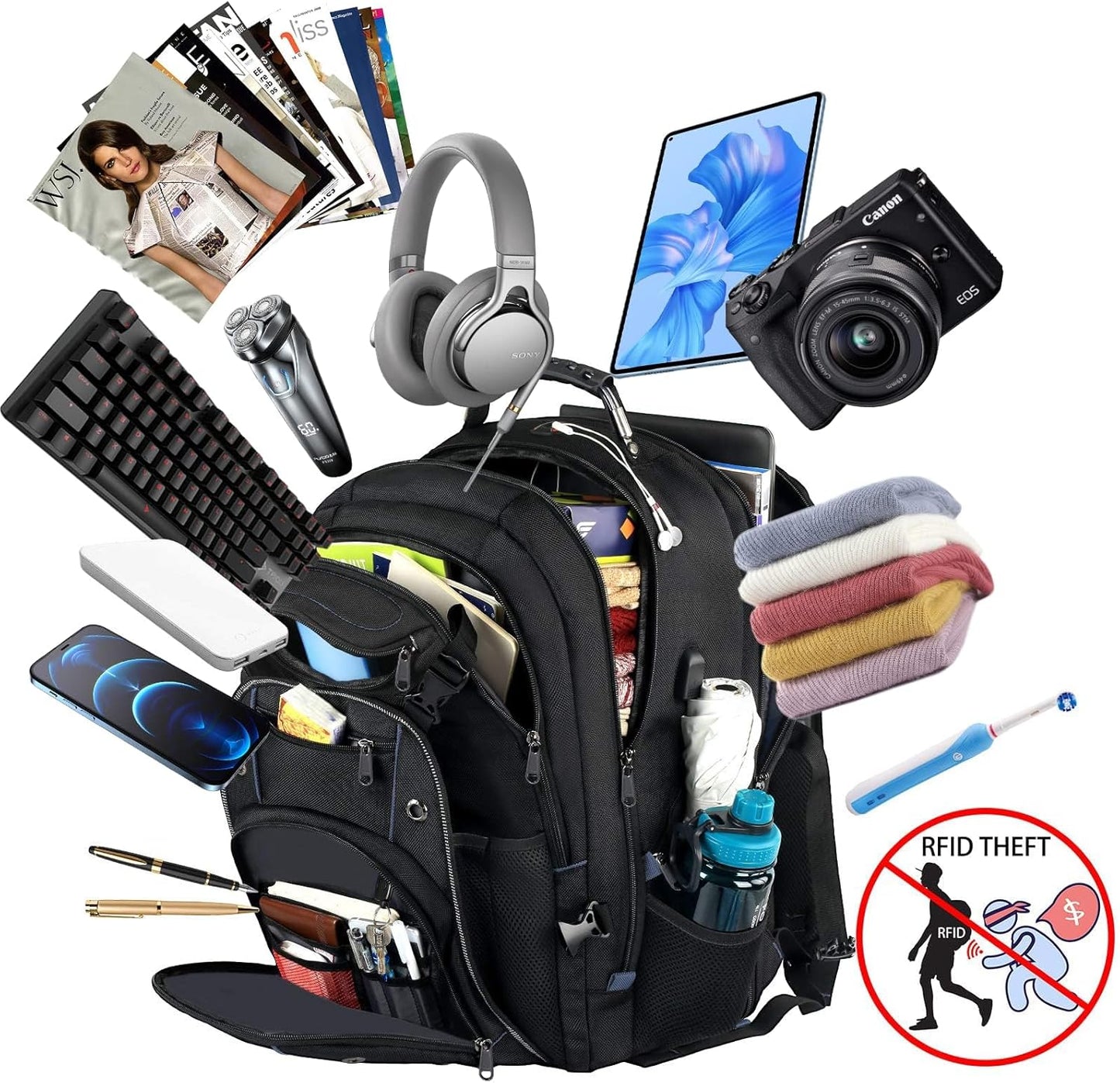 55L Extra-Large Travel Laptop Backpack with USB Charging Port and RFID Protection