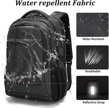 Waterproof travel laptop backpack with USB port and organised storage